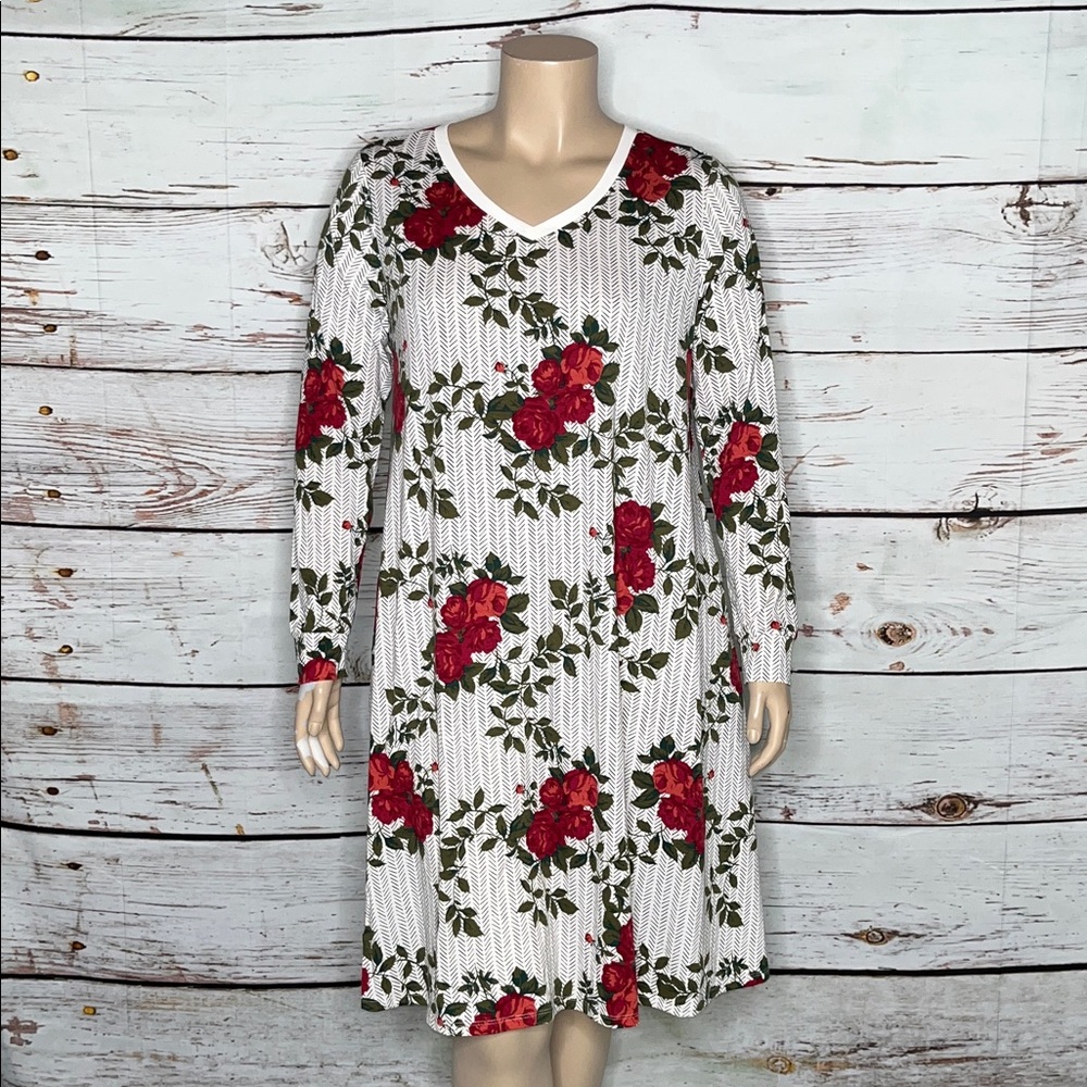 LuLaRoe NWT Sz XL Stripe - Floral Print Knit V-Neck Emily Swing Dress w/ Pockets